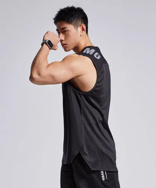 Men's loose fit mesh sports vest in black colour with letters pattern detail