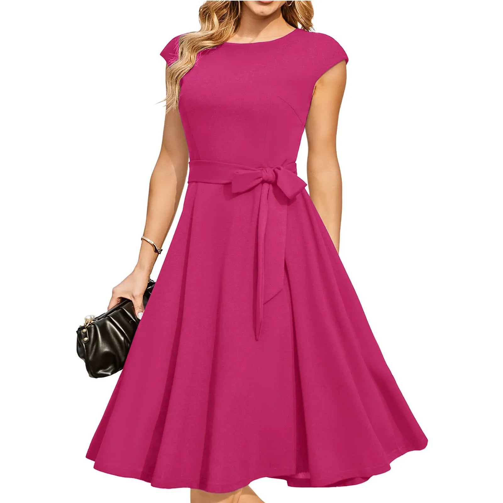 Sleeveless lace-up waist dress with swing skirt in twisted silk polyester fabric