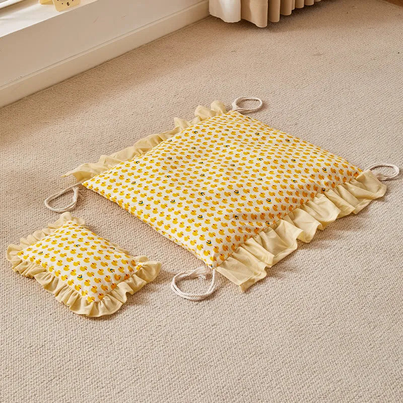 Wooden dog bed with colourful summer bedding fabric in medium size for pets under 20kg