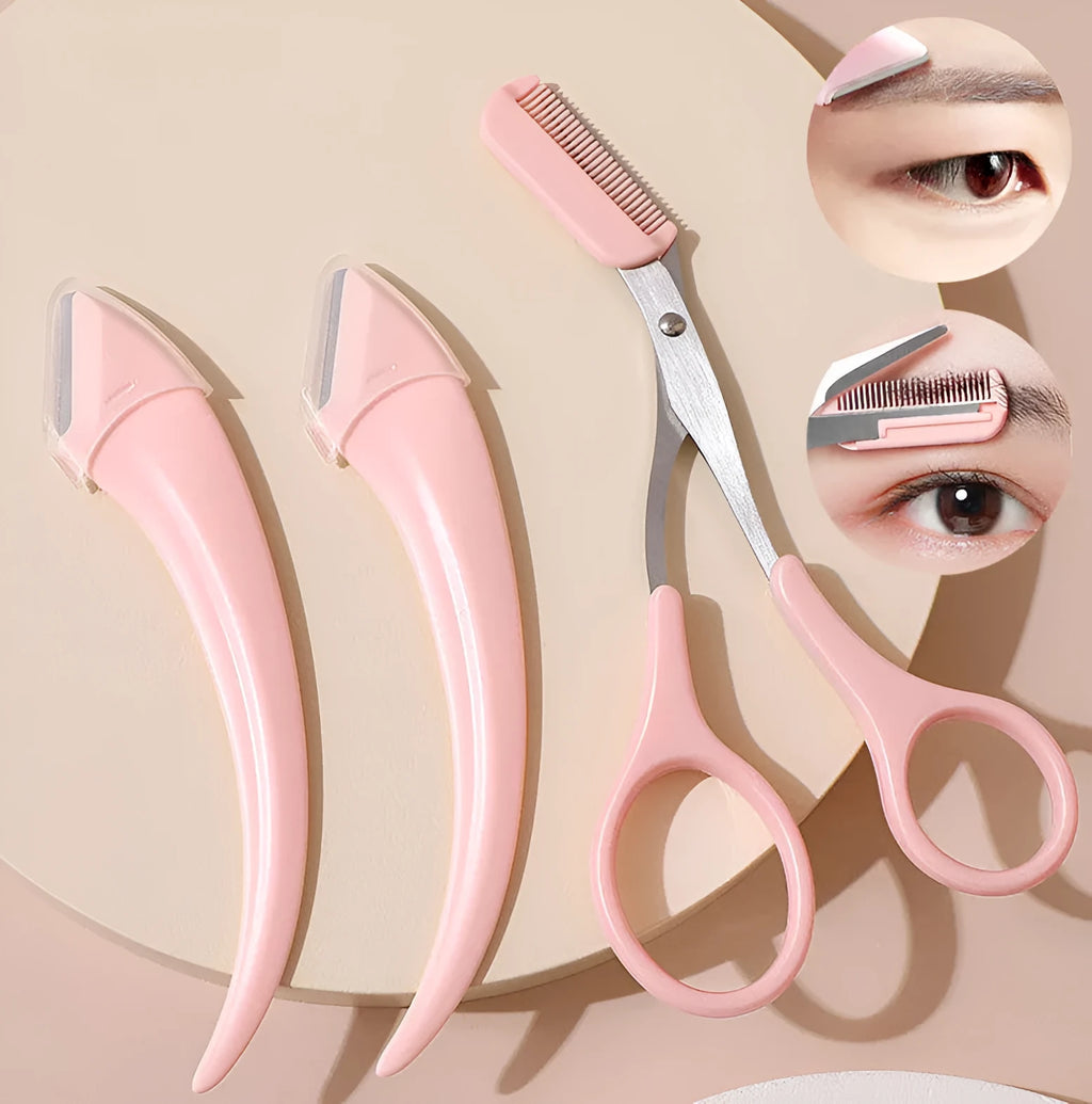 Curved moon eyebrow trimming knife with comb in white and pink colour options