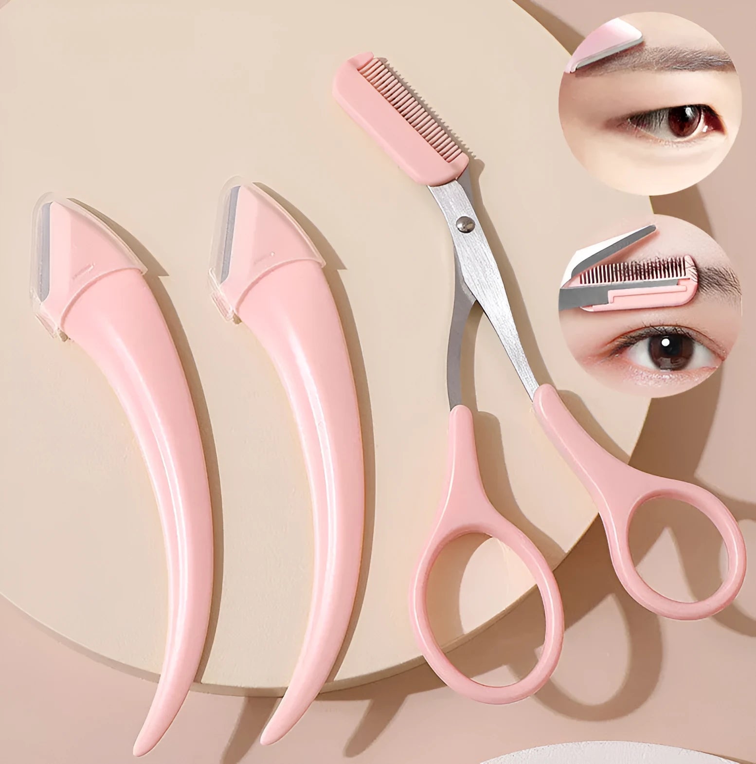 Curved moon eyebrow trimming knife with comb in white and pink colour options