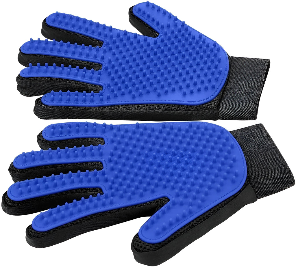 Blue pet grooming glove with silicone tips for brushing dogs and cats