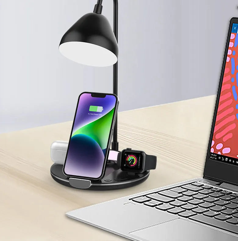 Black and white magnetic folding wireless charger with adjustable stand shown in folded position