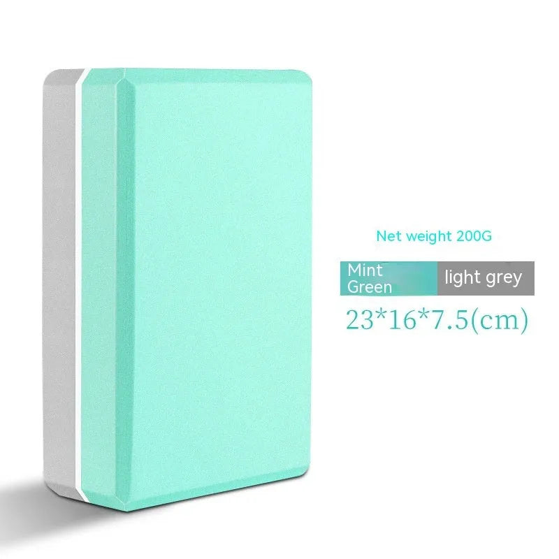 High-density EVA foam yoga block in assorted colours and prints, showing two thickness options for yoga and dance.