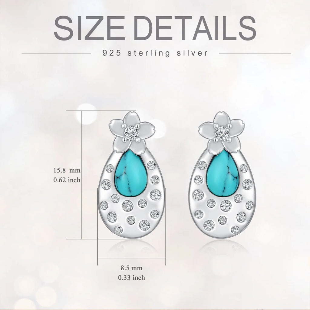 Pair of turquoise cherry blossom 925 sterling silver stud earrings with cubic zirconia, 15.8x8.5mm, white gold plated