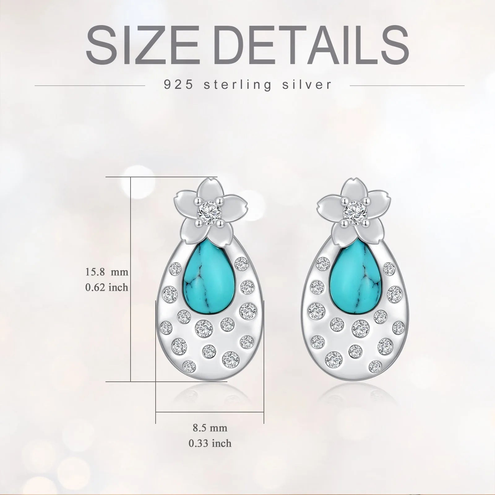 Pair of turquoise cherry blossom 925 sterling silver stud earrings with cubic zirconia, 15.8x8.5mm, white gold plated