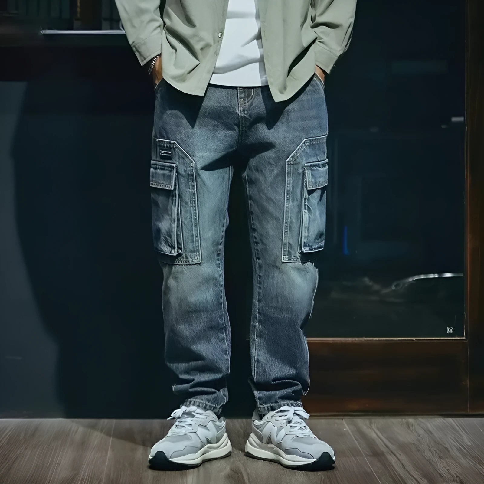 Men's blue loose straight-leg denim trousers with zip fly on mannequin