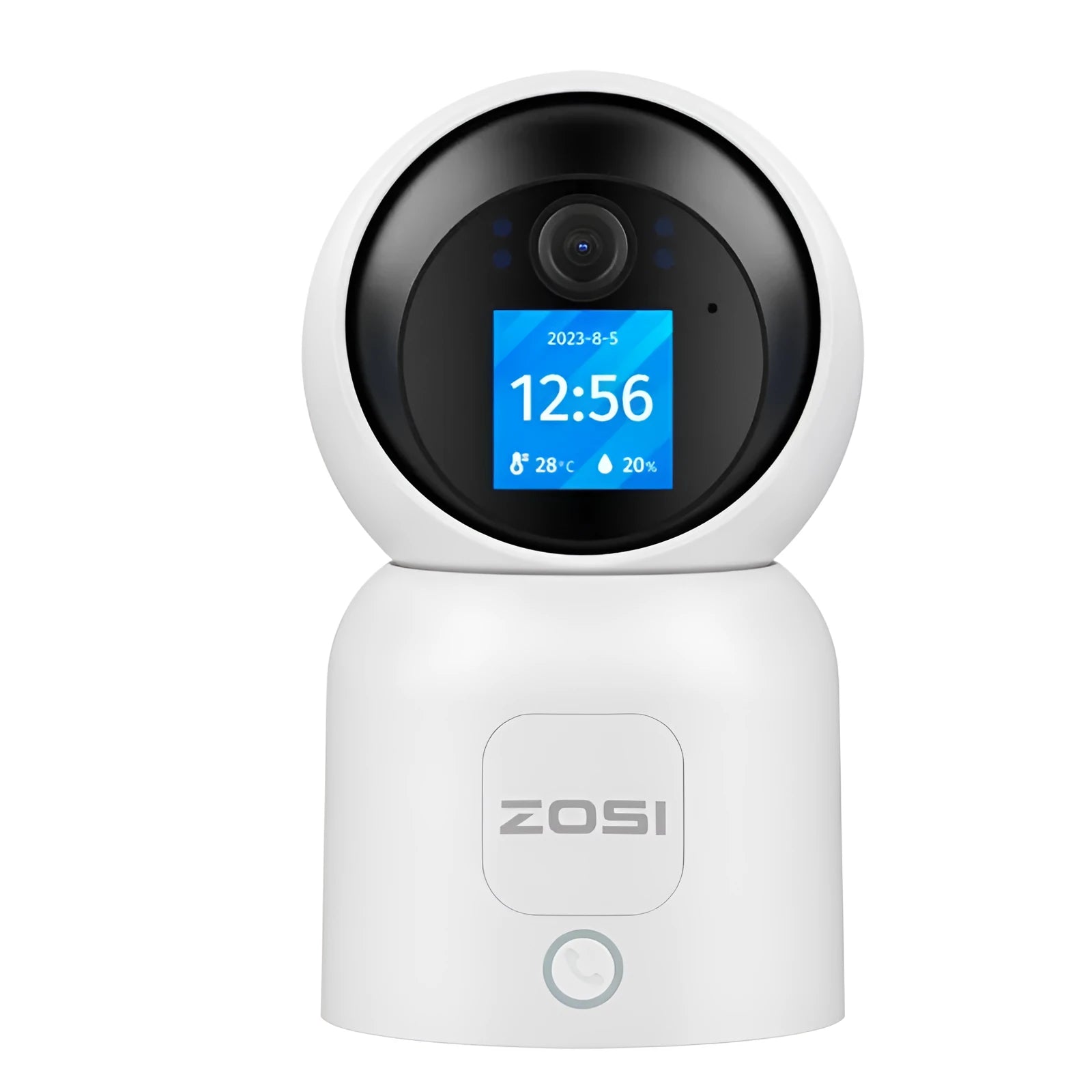 Zhou Shi white indoor wireless security camera with built-in screen on a screw-fixed wall bracket.