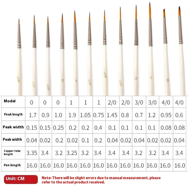 Set of twelve fluorescent marker artist brushes in assorted sizes, stored upright in a solid wood pen holder.