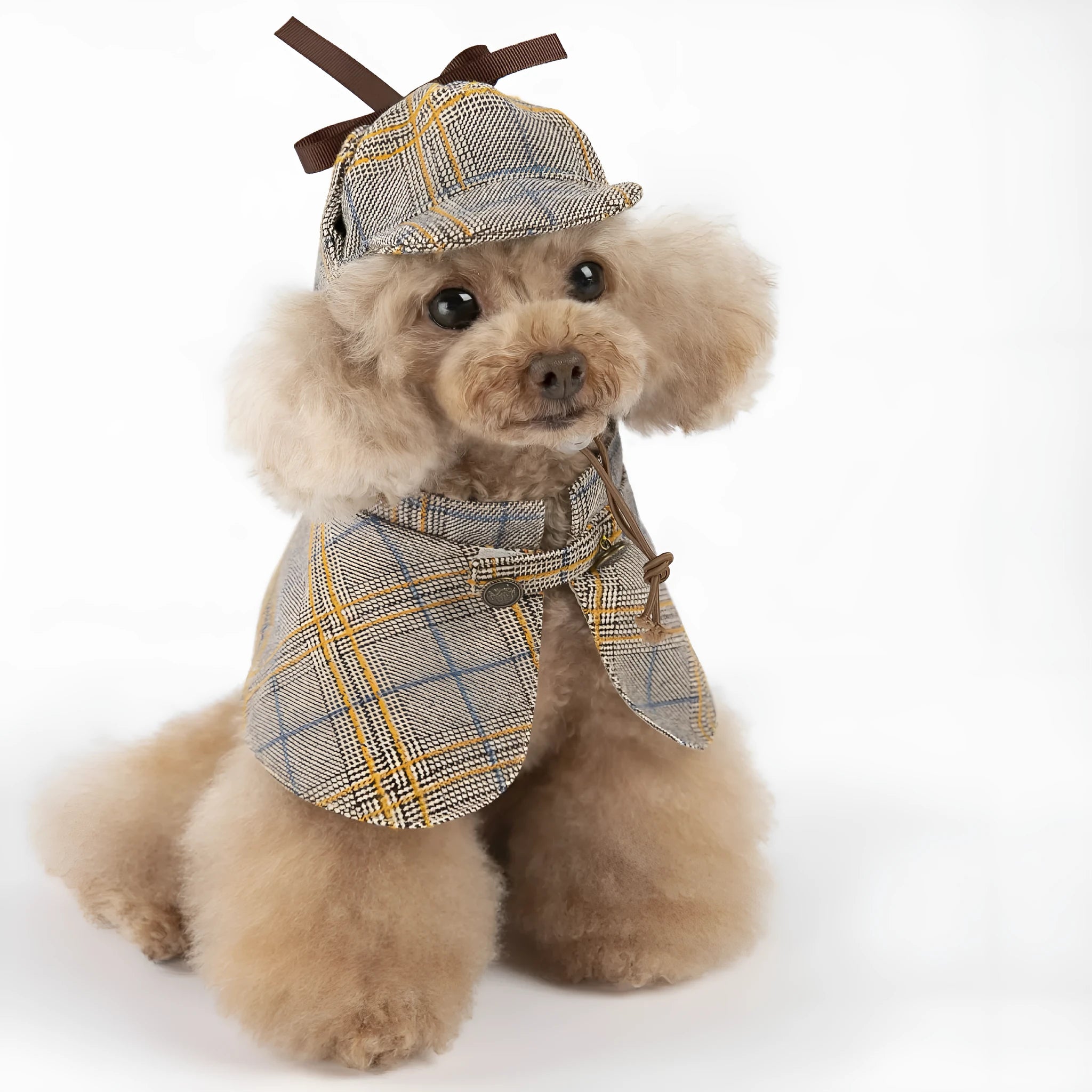 Camel coloured cotton pet cloak with adjustable hood shown in personalised spring and autumn pet clothing
