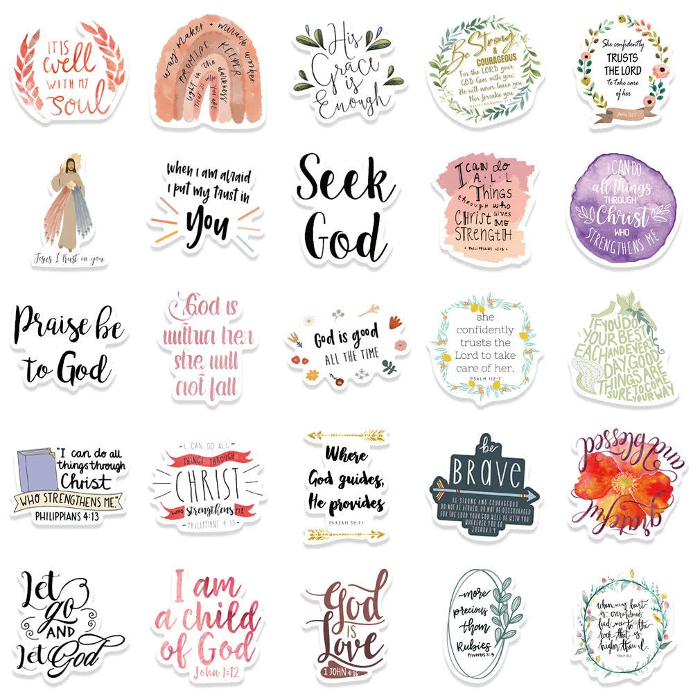 Assorted colourful graffiti stickers with random patterns laid out flat, set of 50 pieces.