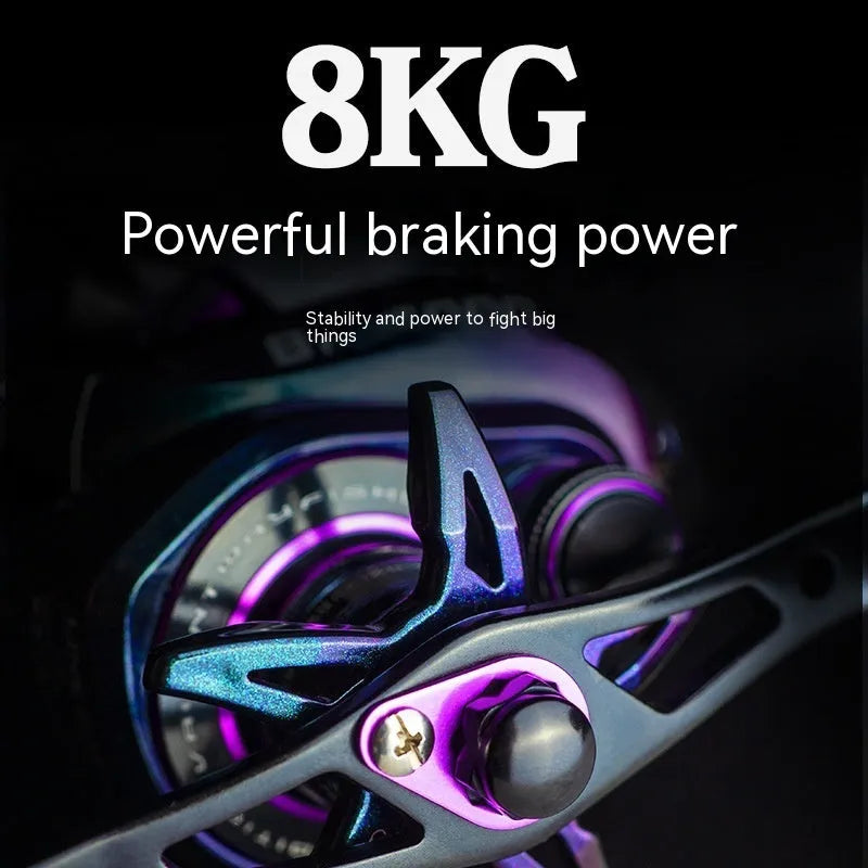 BM2000 fishing reel with water drop design and colourful finish showing magnetic brake system