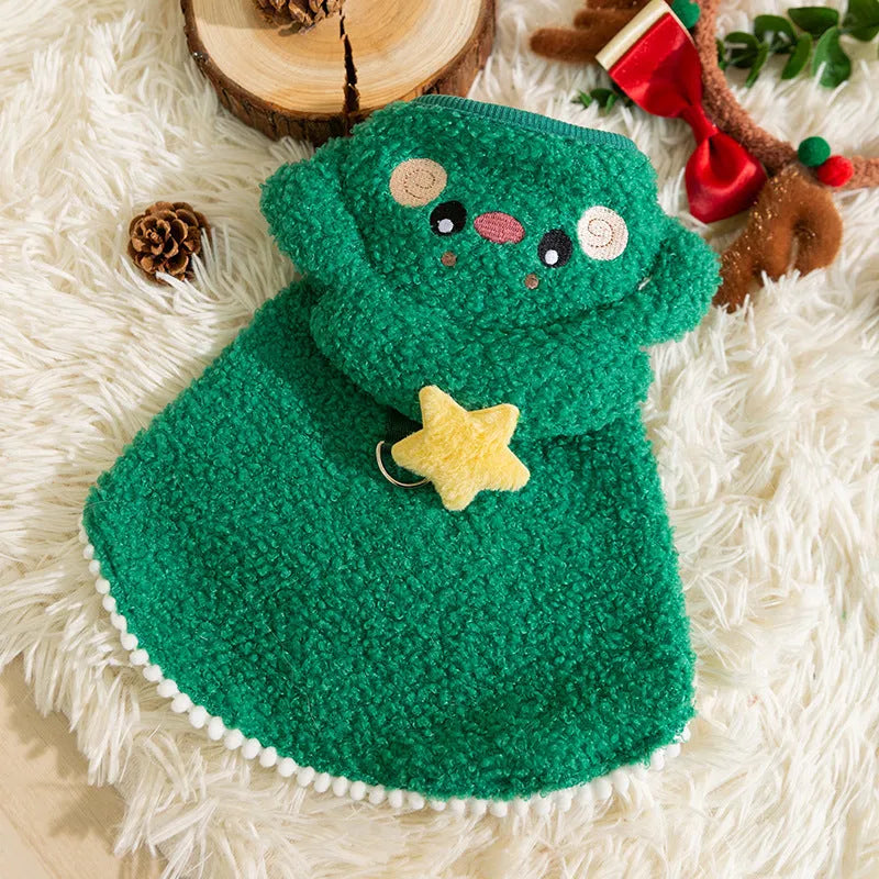 Cat wearing a green granular-velvet Christmas cape coat with a tree-shaped hat and star