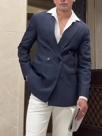 Men's striped double breasted blazer on hanger showing regular fit and classic design