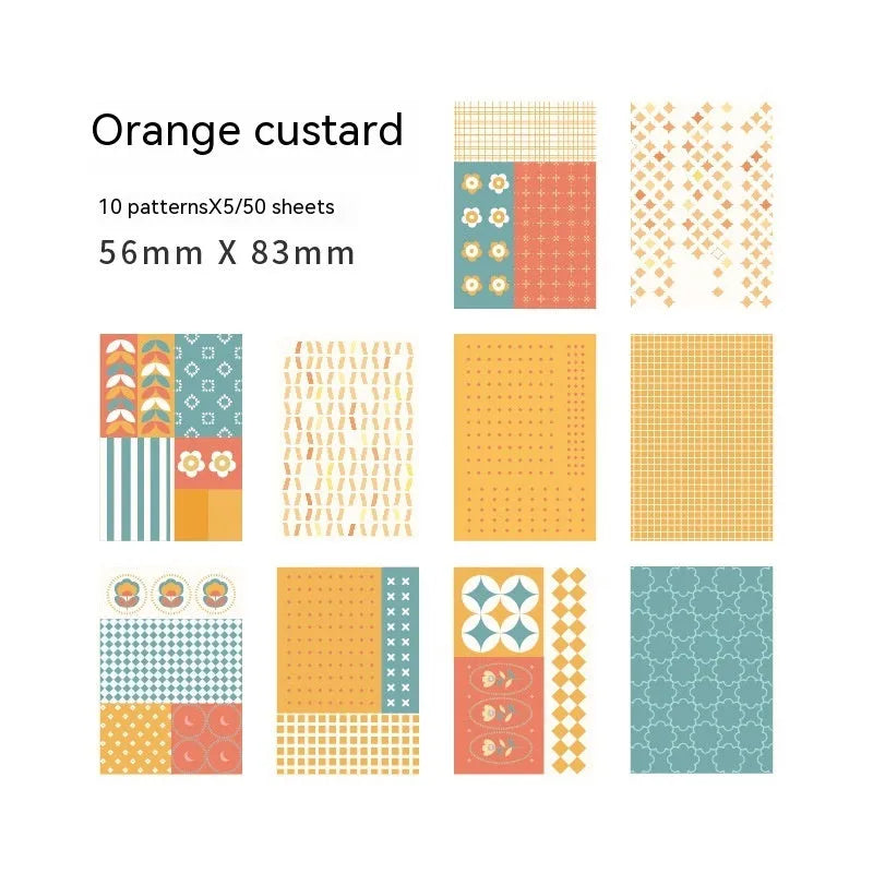 Pack of 50 retro dessert-themed note papers in ten food colours, each 56mm by 83mm.