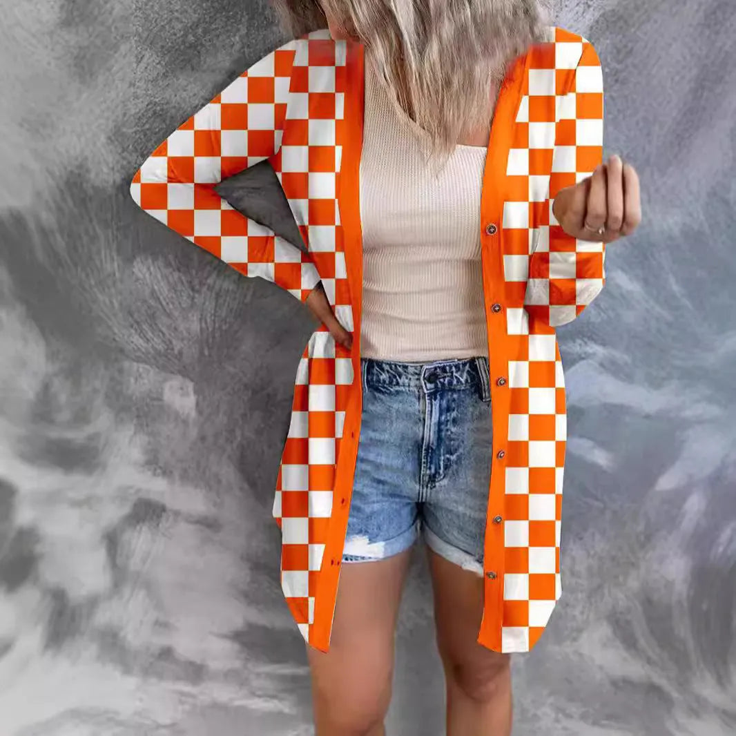 Women's long grey plaid loose fit cardigan coat with regular sleeves for street fashion.