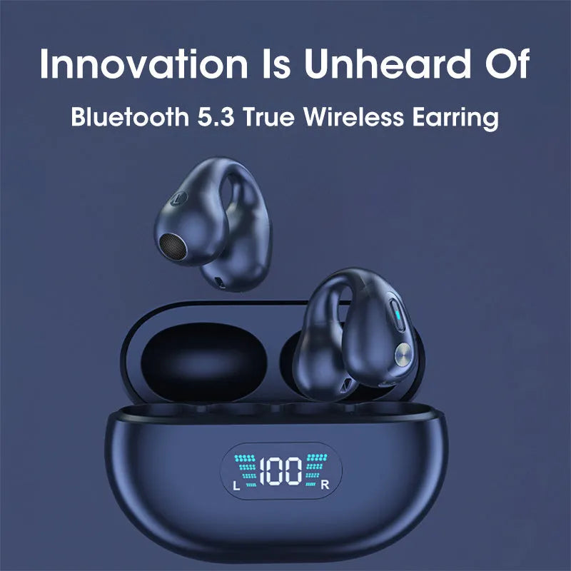 Q80 bone conduction Bluetooth headset clip in black, showing ear clip design for open-ear listening.