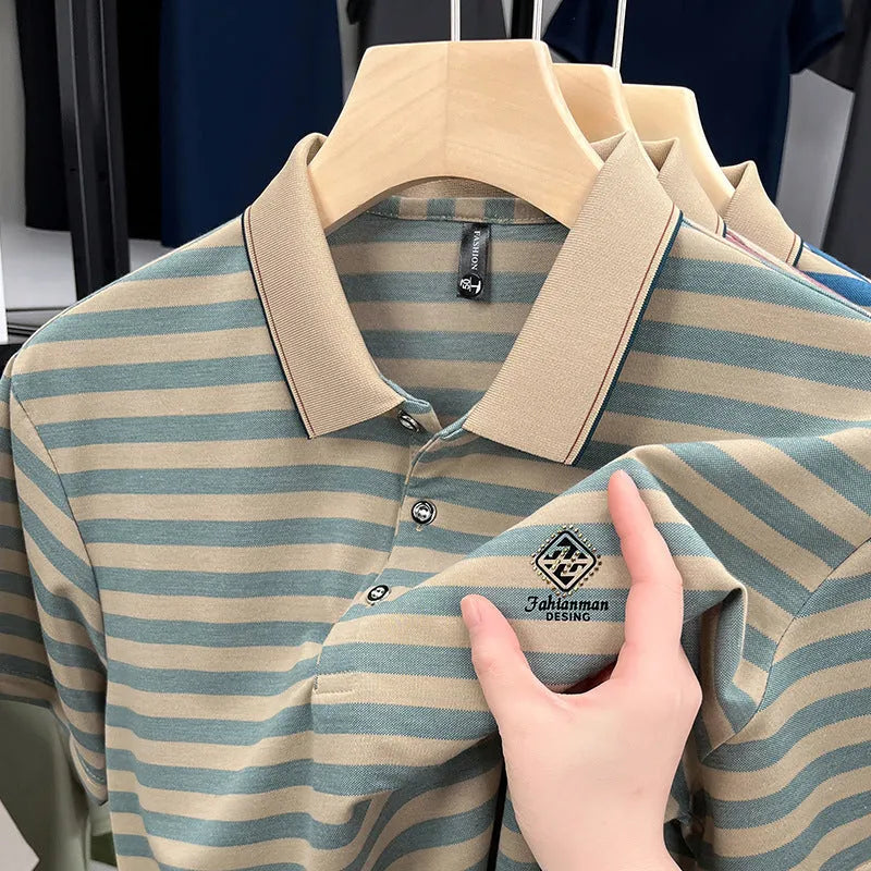 Men's striped casual short sleeve shirt in polyester available in red, blue, and green colours