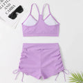 Purple women's high waist split bikini swimsuit two-piece set on a mannequin.