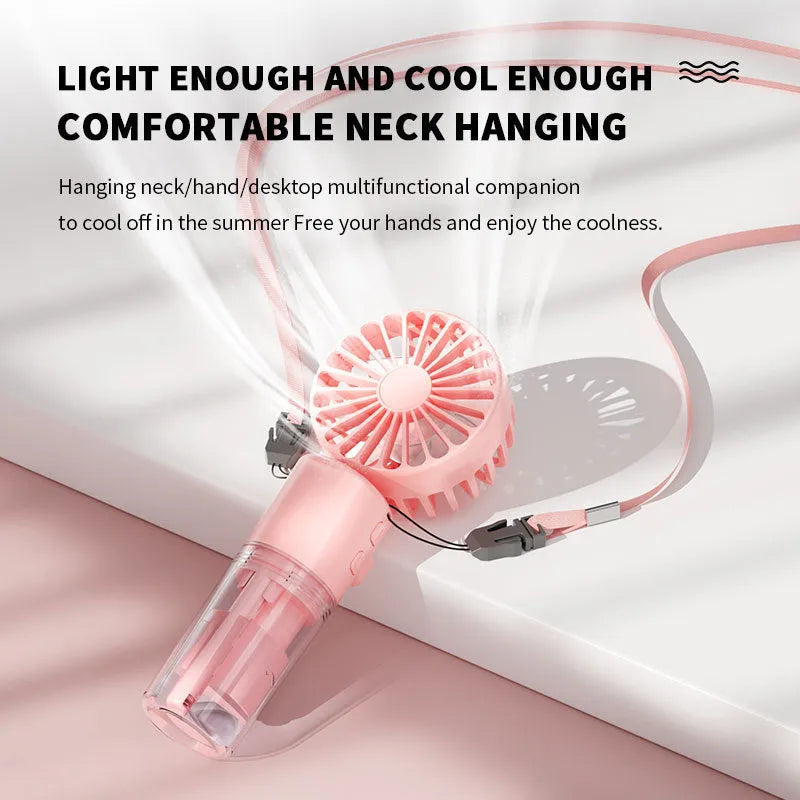 Portable handheld spray fan with transparent water tank and four-speed mist function in black colour