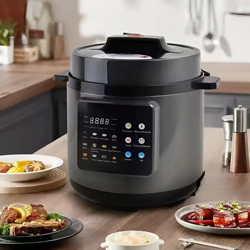6L multifunctional automatic electric pressure cooker with touch buttons, LCD display, and aluminium core lining