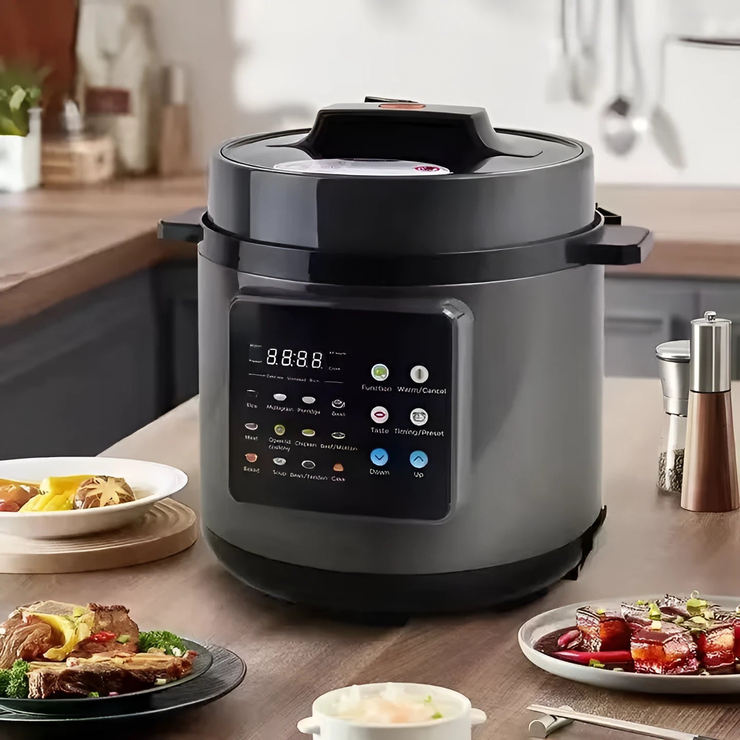 6L multifunctional automatic electric pressure cooker with touch buttons, LCD display, and aluminium core lining