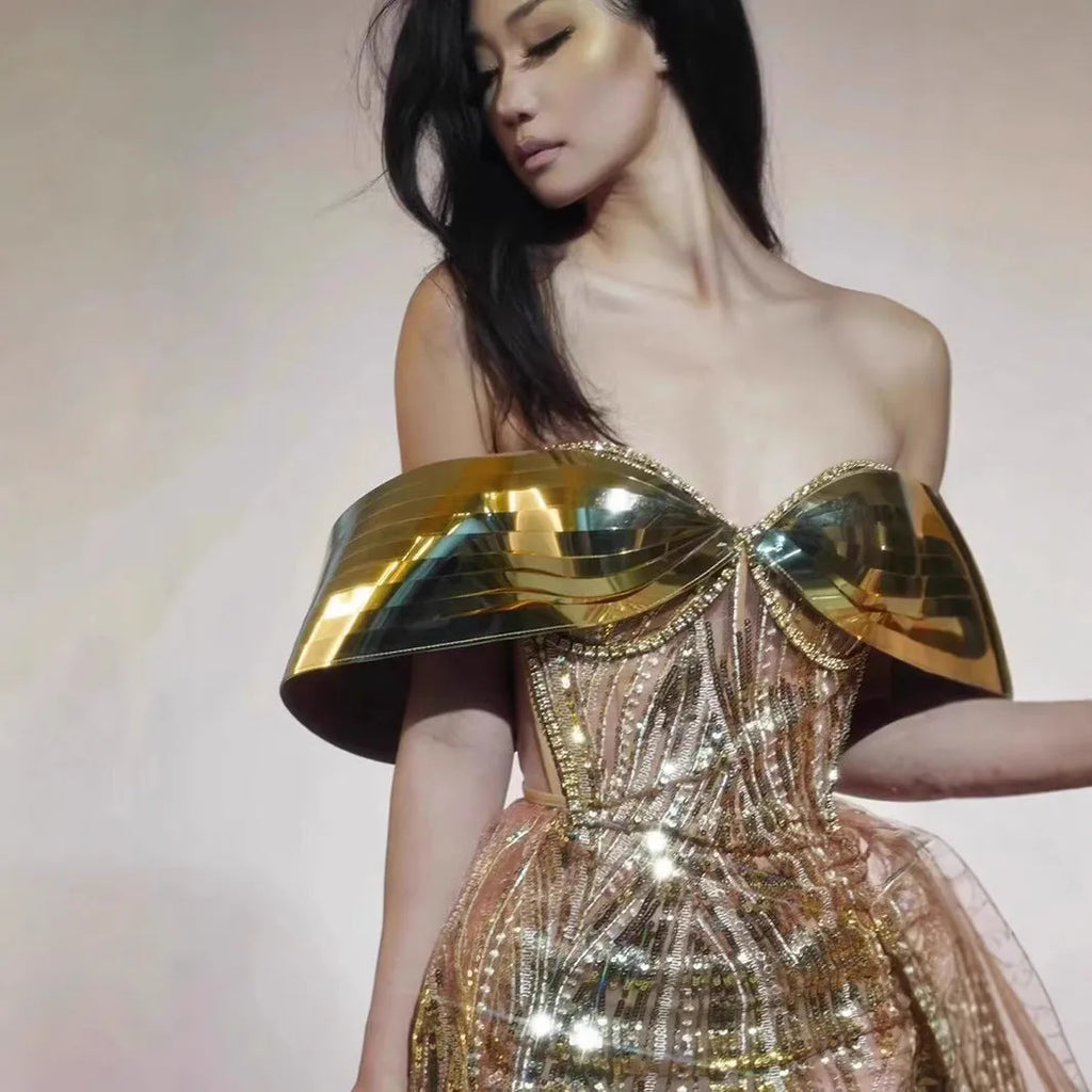 Gold strapless sequined dress with tulle skirt and thigh-high split for women's formal evening wear
