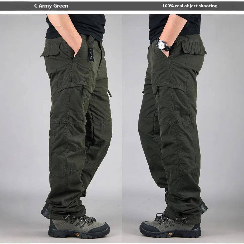 Men's wool-lined cotton velvet work overalls in stone-washed fabric with loose straight-leg cut