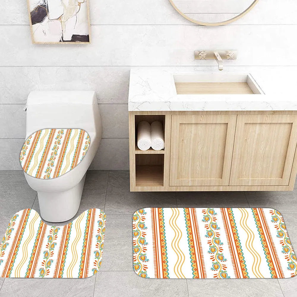 Bomi printed polyester shower curtain and anti-slip floor mat set in modern simplicity style, multiple size options