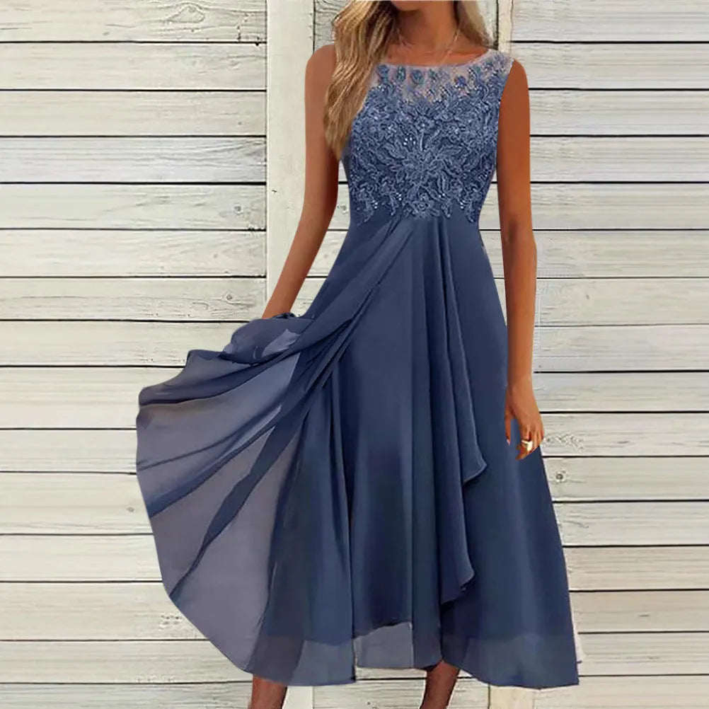 Women's sleeveless chiffon dress with hollow-out lace stitching detail in princess style