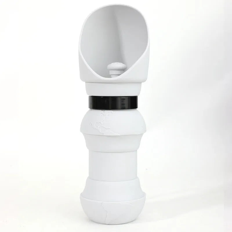Collapsed and expanded views of a silicone folding water cup for pets in a choice of colours.