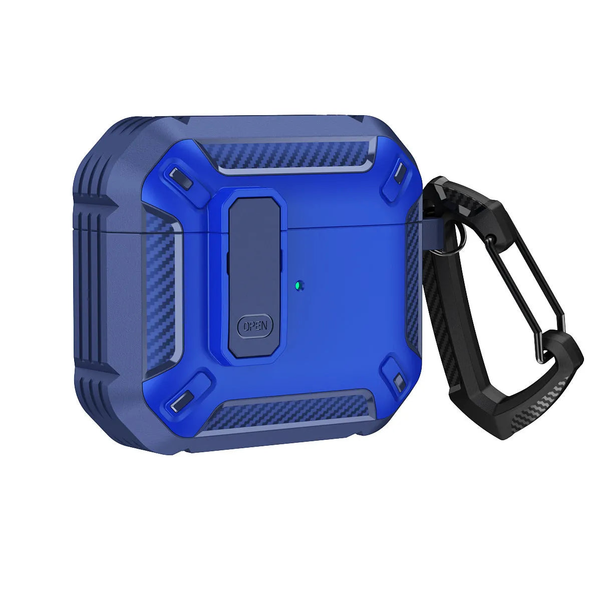 Two-colour plastic clamshell protective case for Apple AirPods with a metal hook attached.