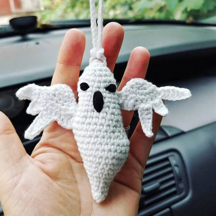 Plush hand-woven car hanging ornament in a cartoon design made from polyester