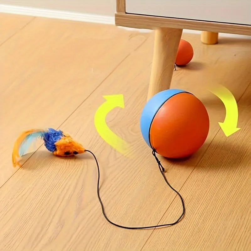 Interactive blue and orange cat toy ball with removable plush mouse for feline play