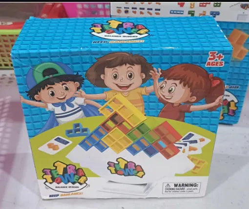 Colourful plastic balance stacking game with 16 blocks, chassis and base for family play