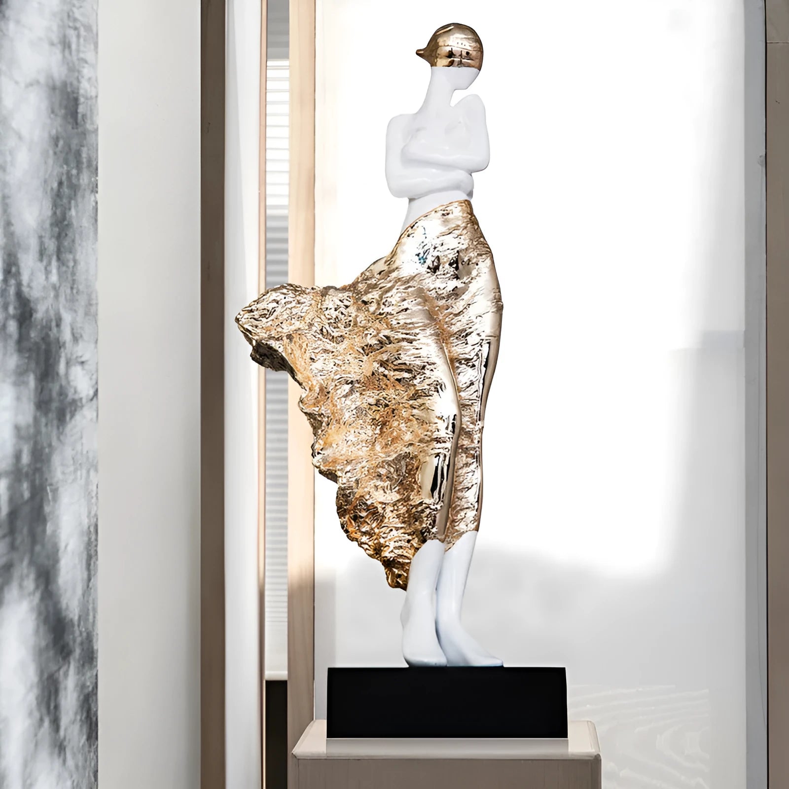Modern minimalist resin sculpture ornament with metallic finish standing 48cm tall