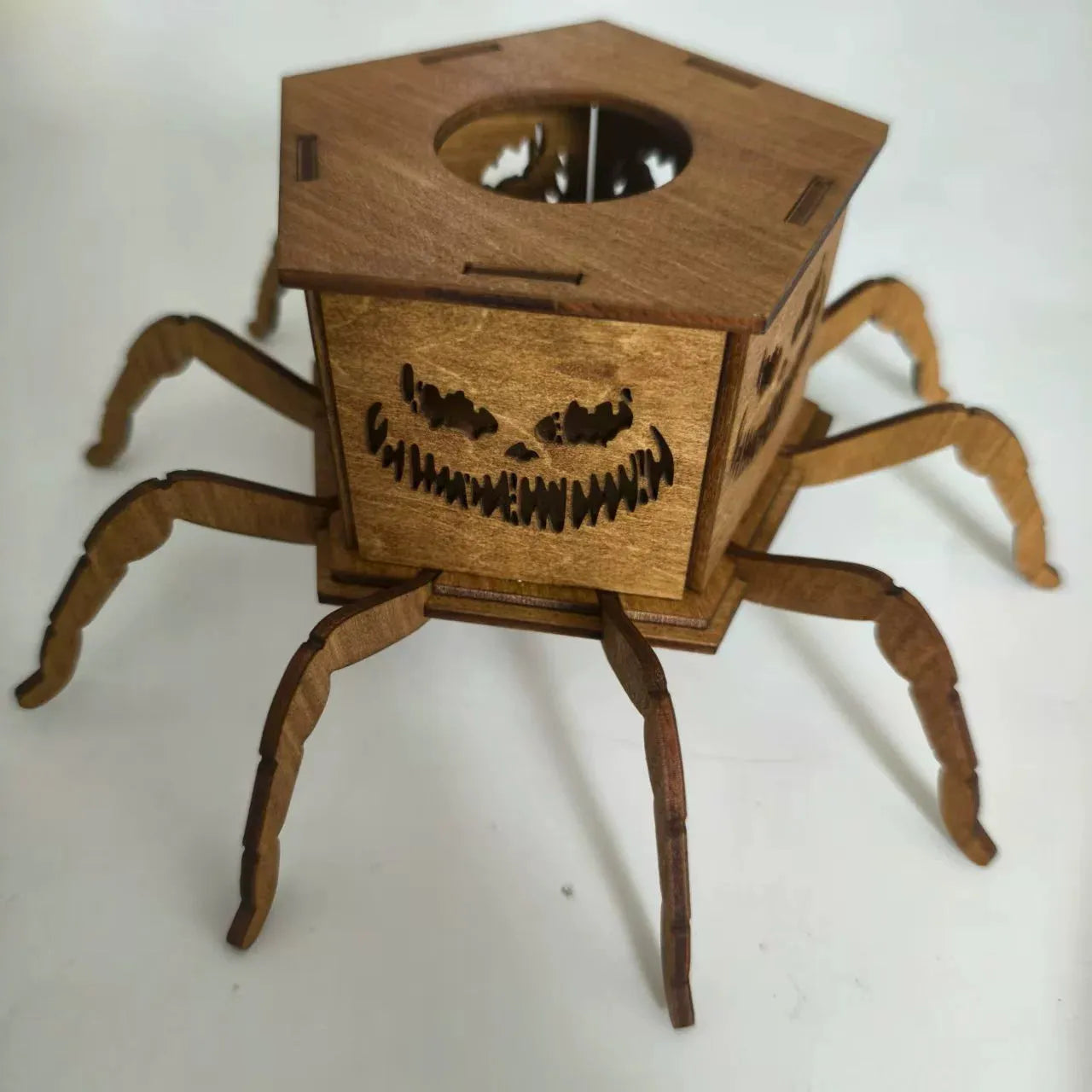 Wooden Halloween spider mini lantern candlestick decoration 21x8.5cm