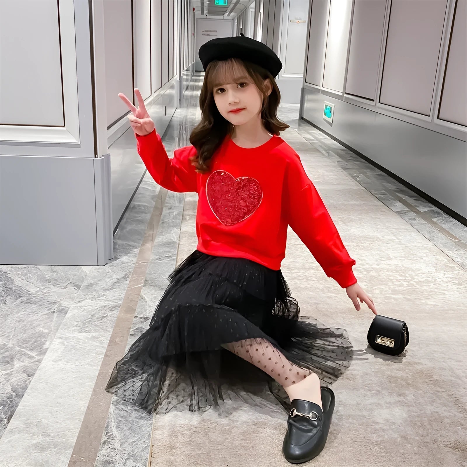 Girl's Sequin Love pullover two-piece cotton skirt set in white and red, suitable for height 110cm to 160cm
