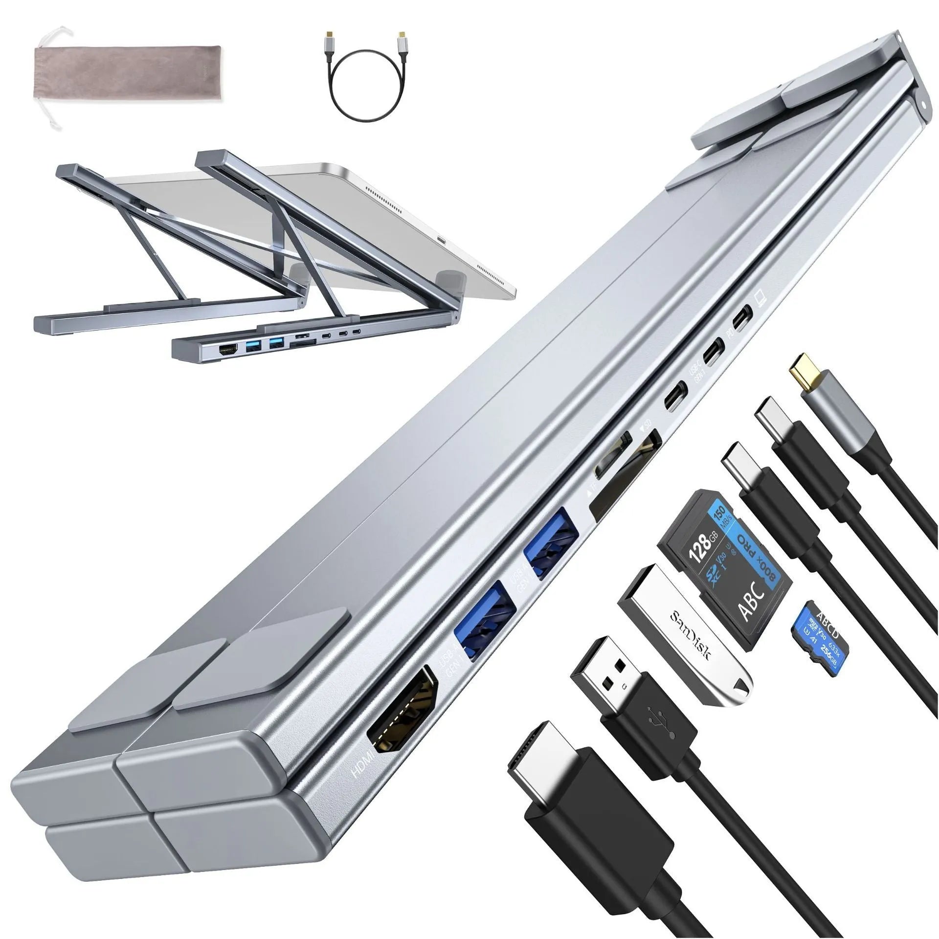 Aluminium folding laptop docking station with eight-port hub including HDMI interface