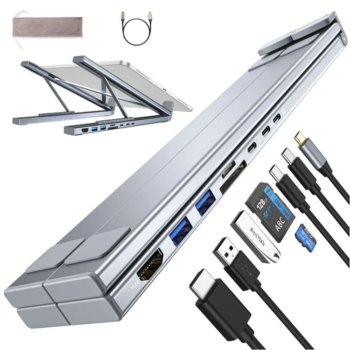 Aluminium folding laptop docking station with eight-port hub including HDMI interface