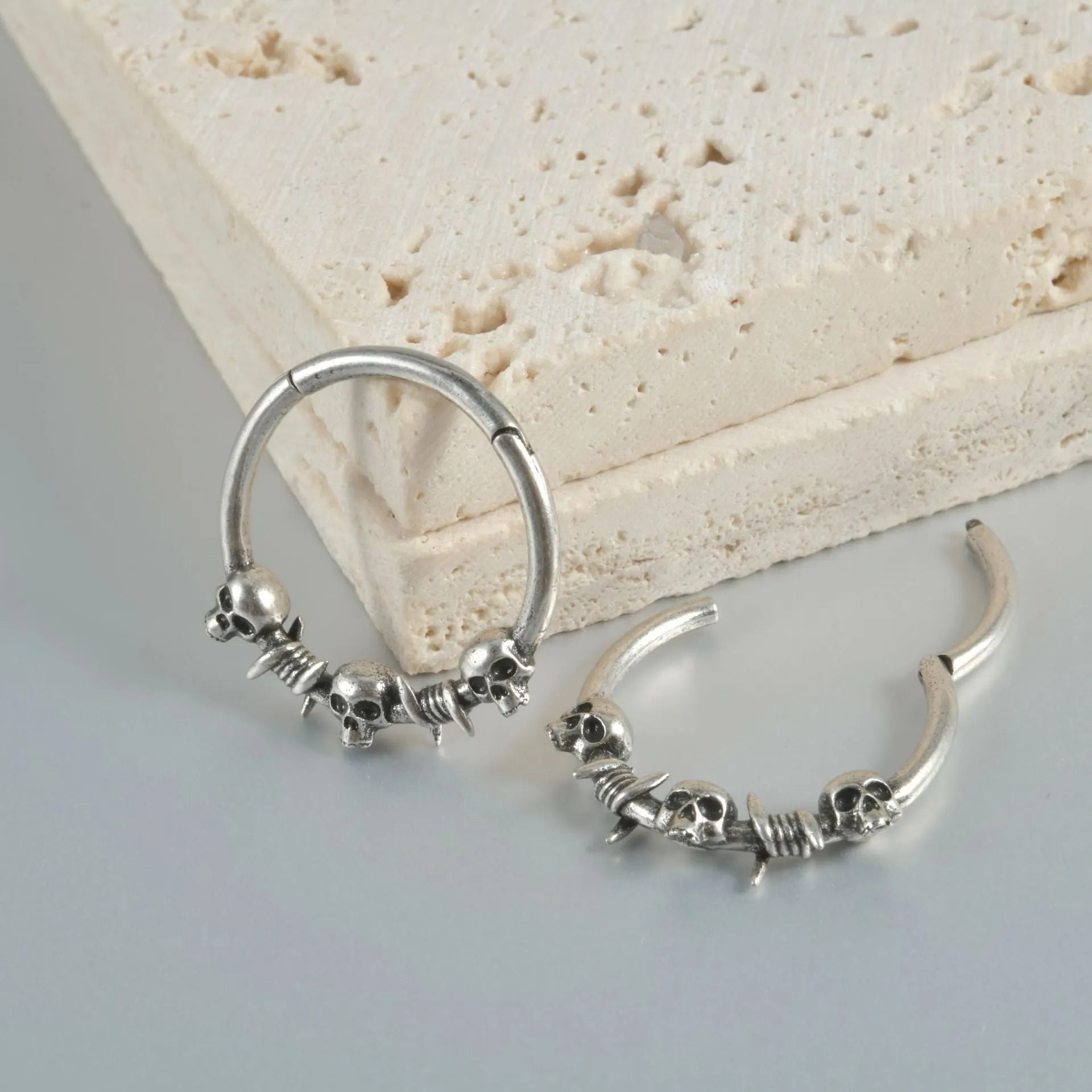 Copper punk earrings with vintage ghost head design in antique silver finish