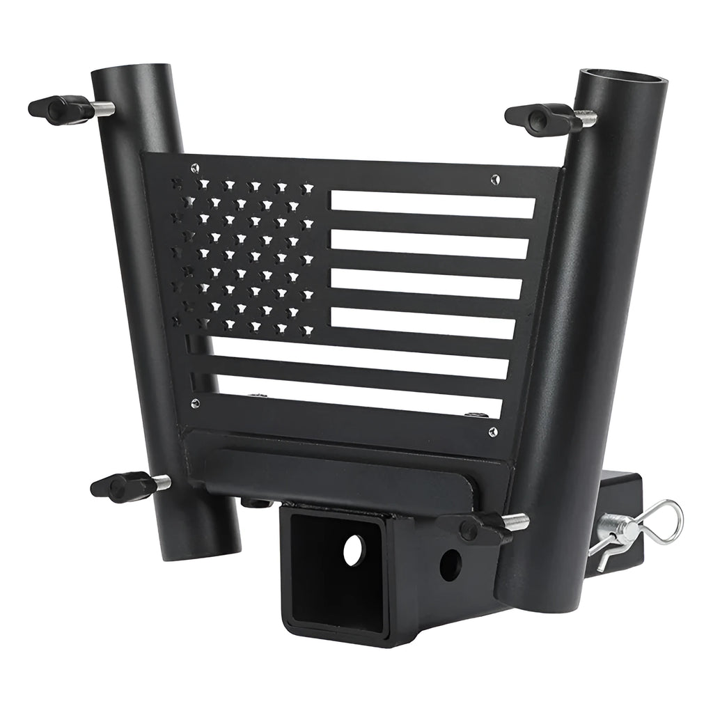 Black steel double tube flagpole bracket for vehicle suspension or seat mounting