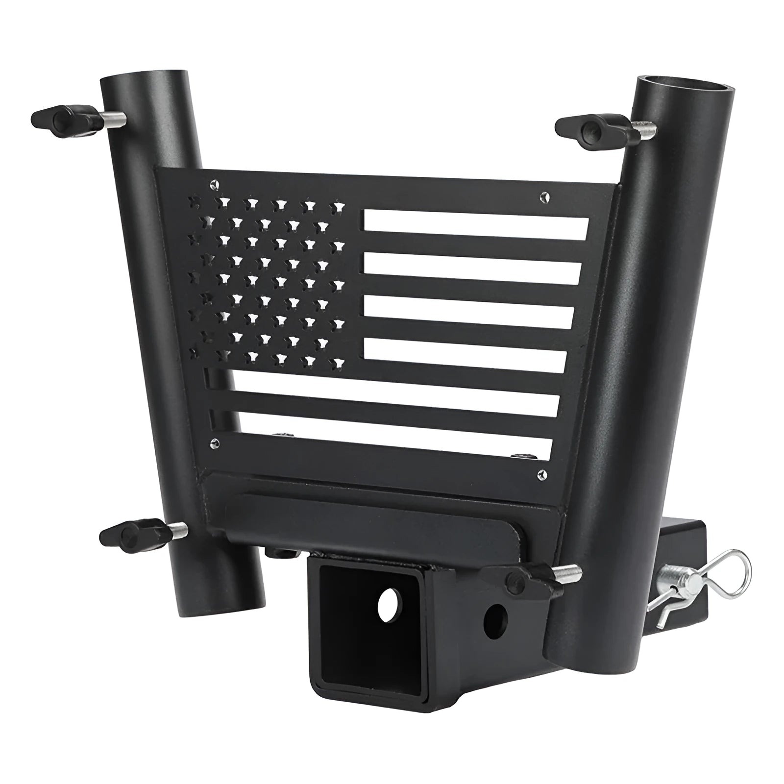 Black steel double tube flagpole bracket for vehicle suspension or seat mounting