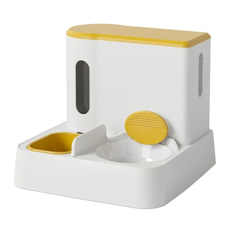 Grey cat automatic feeder with integrated water dispenser and double bowl design
