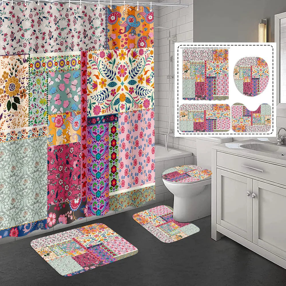 Bomi printed polyester shower curtain and anti-slip floor mat set in modern simplicity style, multiple size options