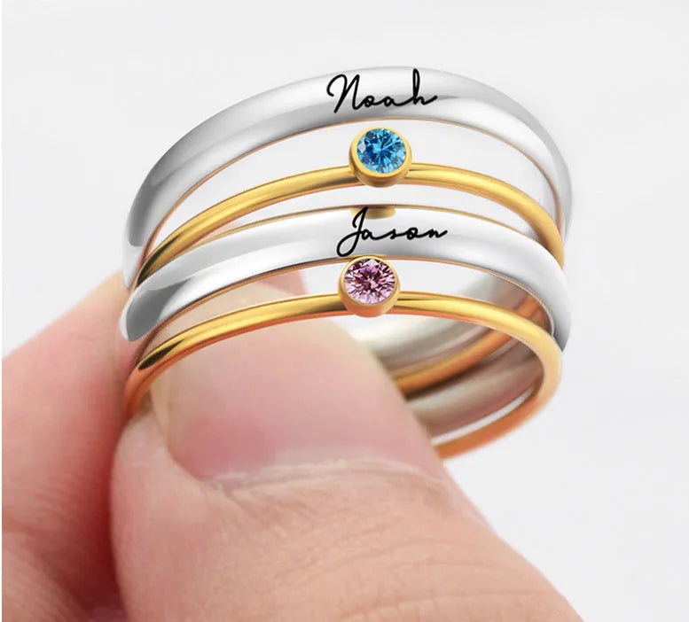 December birthstone engraved titanium steel ring in geometric superimposed combination design