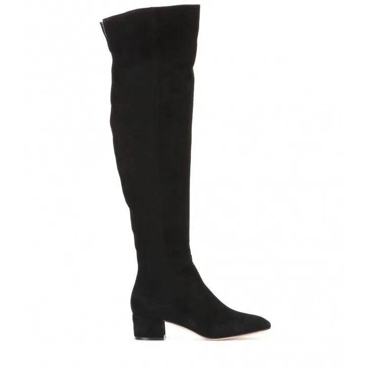 Women's grey suede over-the-knee flat boots with pointed toes and low thick heel