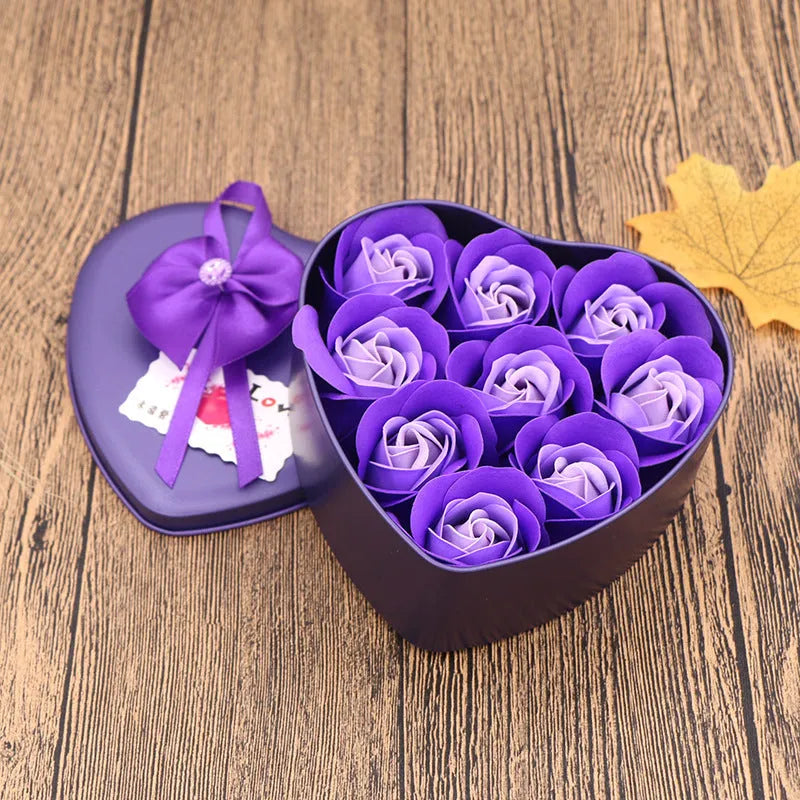 Soap flower gift box heart shaped tin box with bear figure red pink blue purple gradient handmade