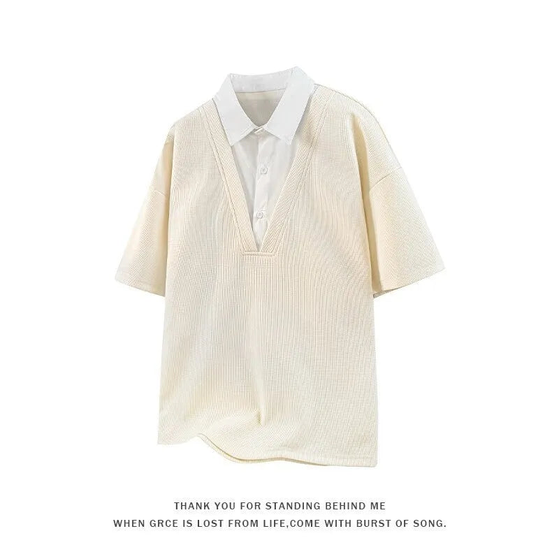 Men's apricot coloured polo shirt sweater with a structured heavy Henry collar and short sleeves