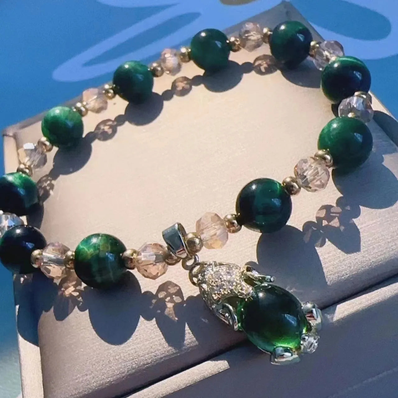 Handmade natural Tigereye stone bracelet with chain design in green or rose red colour options